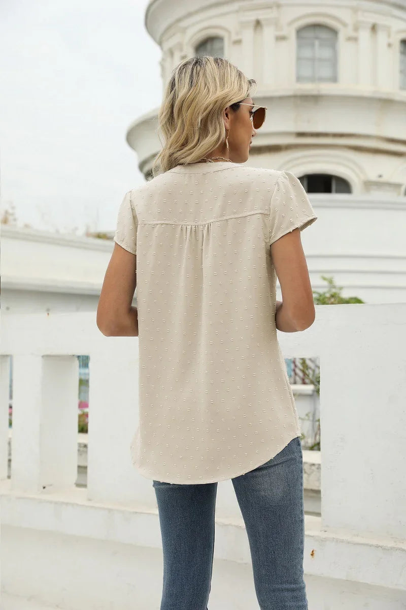 Swiss Dot Notched Neck Short Sleeve Top Casual Wear - Southern Shores Clothing