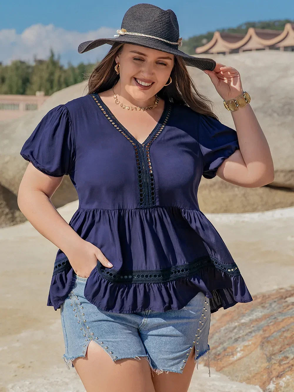 Plus Size Peplum V-Neck Short Sleeve Openwork Blouse - Southern Shores Clothing
