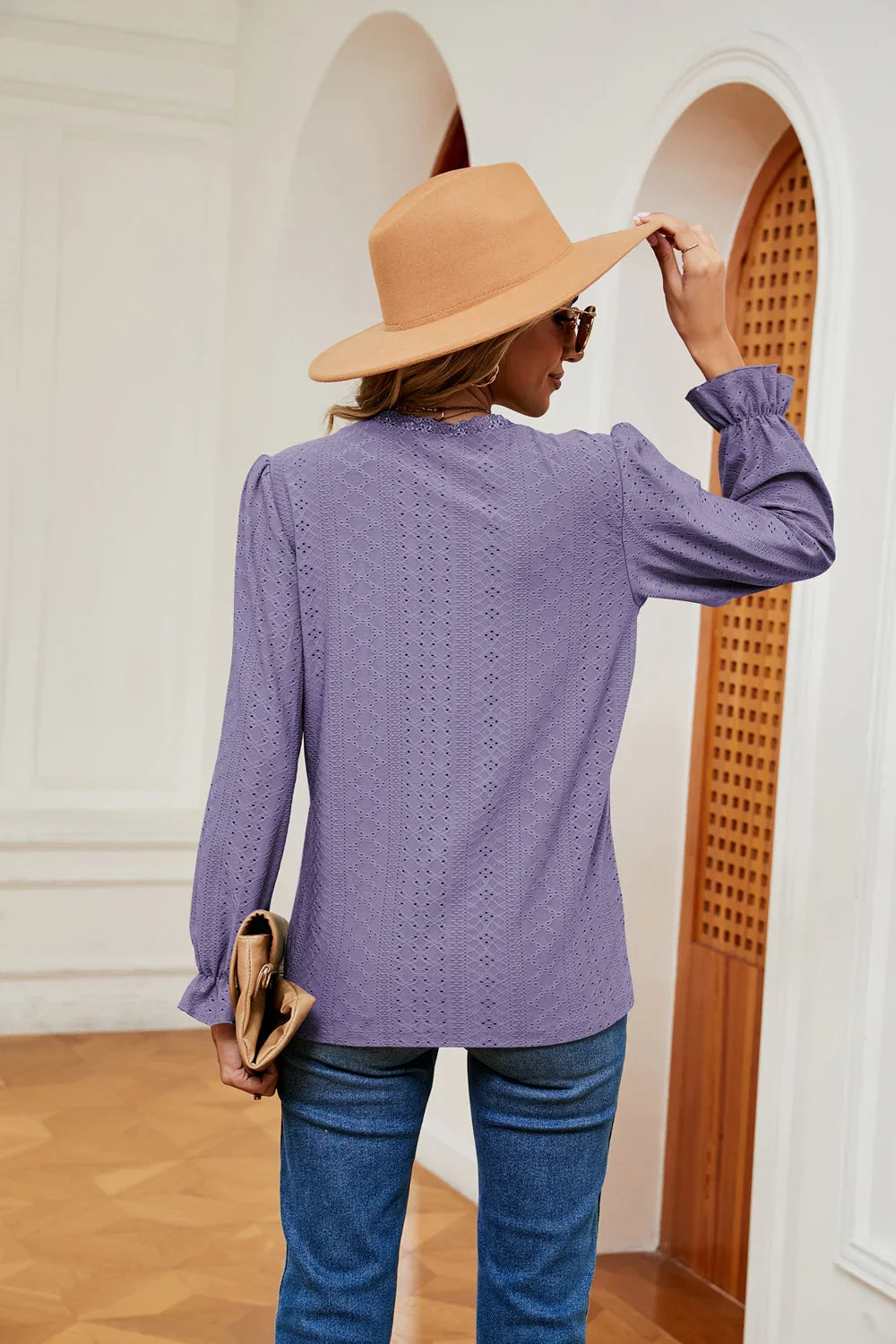 Southern Shores V-Neck Flounce Sleeve Lace Blouse In Stretch Rayon Blend Fabric For Versatile Wear - Southern Shores Clothing