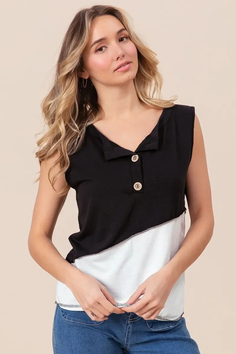 Block Design Buttoned Henley Top With Contrast Stitching - Southern Shores Clothing