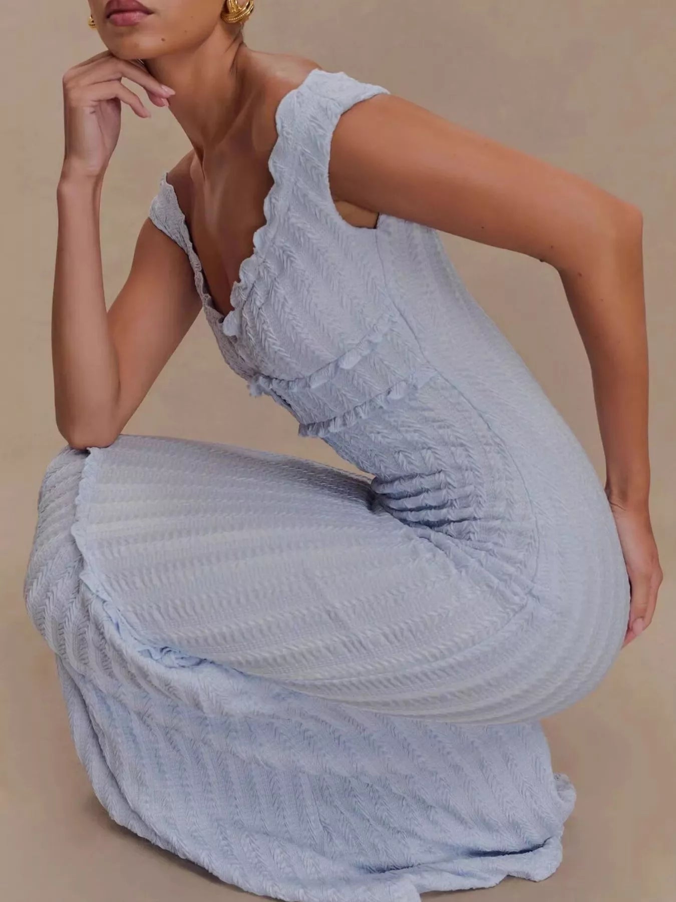 Frill Off Shoulder Knit Maxi Mermaid Dress