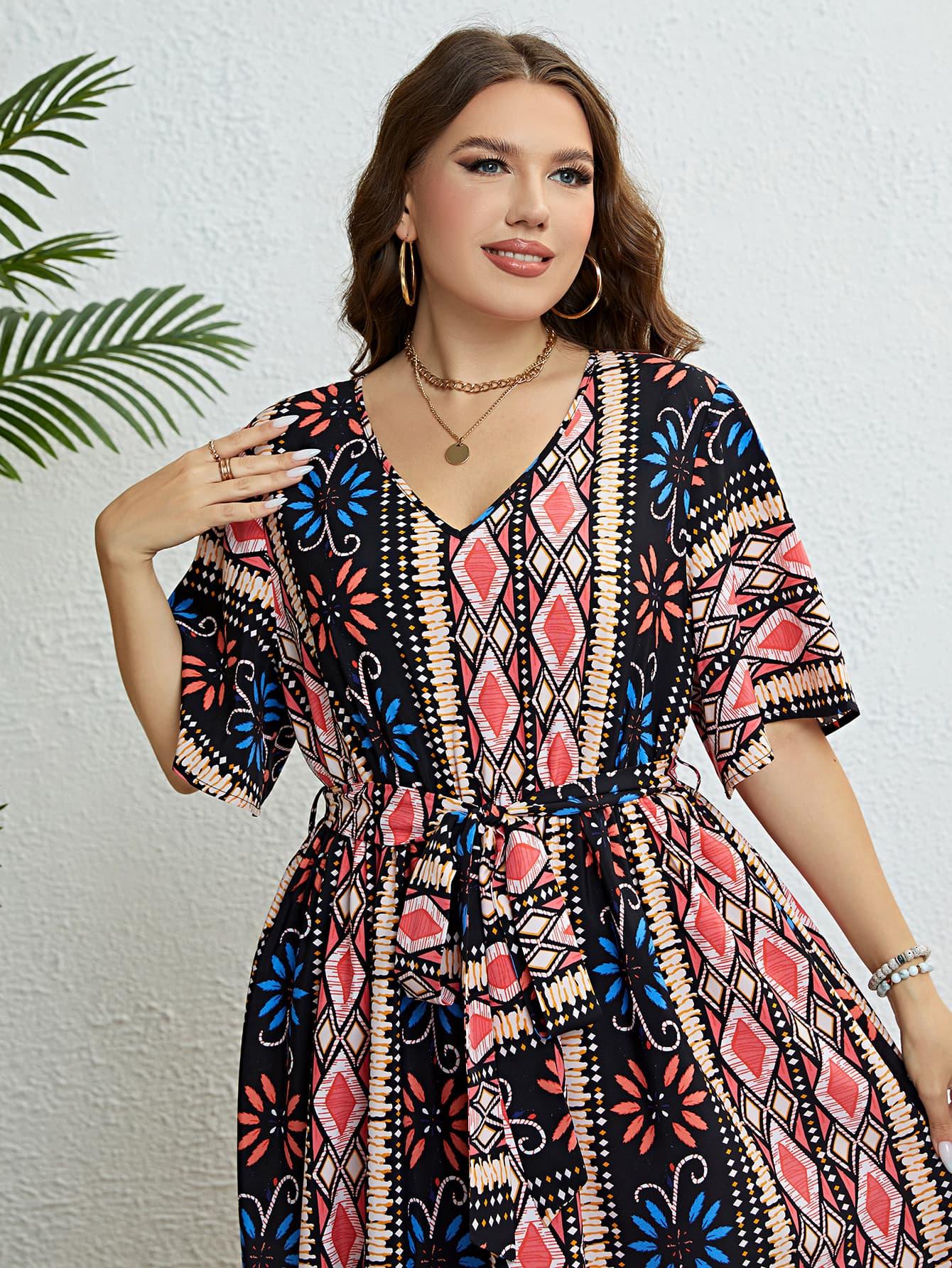 Honey Plus Size Bohemian V-Neck Tie Belt Midi Dress - Southern Shores Clothing