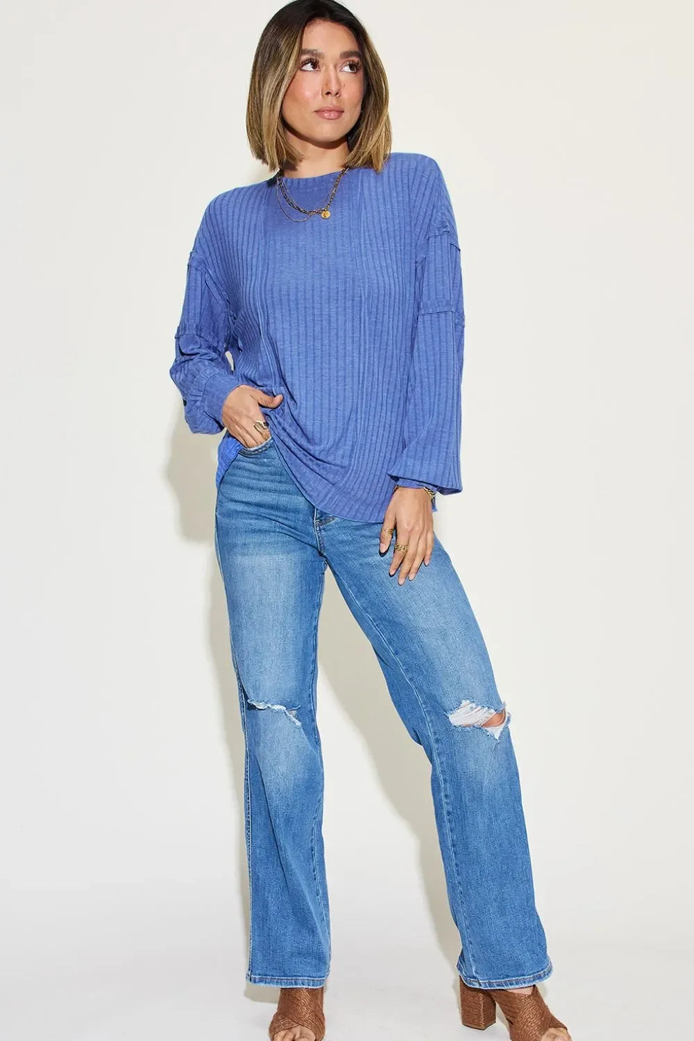 Ribbed Round Neck Long Sleeve T Shirt Basics - Southern Shores Clothing