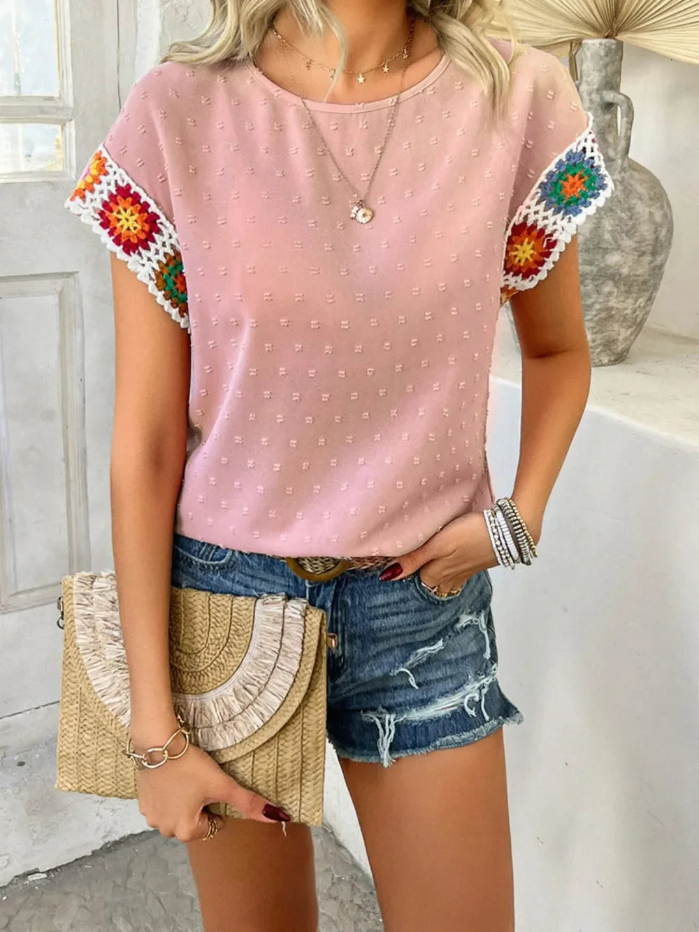 Embroidered Swiss Dot Round Neck Crochet Short Sleeve Top - Southern Shores Clothing