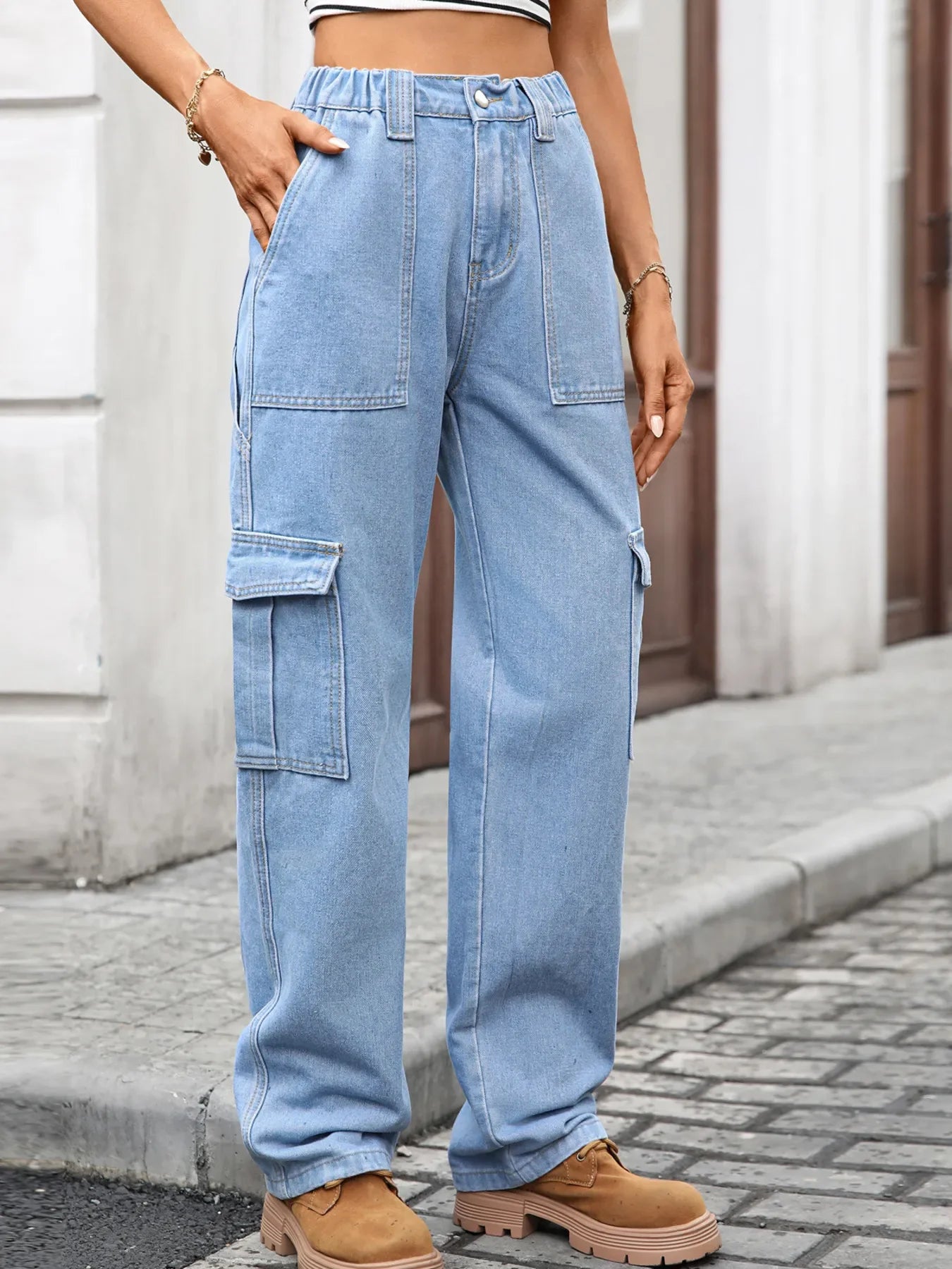 Coastal Inspired High Waisted Cargo Jeans - Southern Shores Clothing