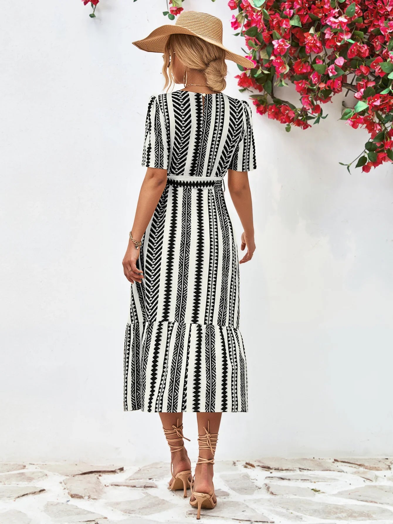 Striped Tie Belt Round Neck Puff Sleeve Dress - Southern Shores Clothing