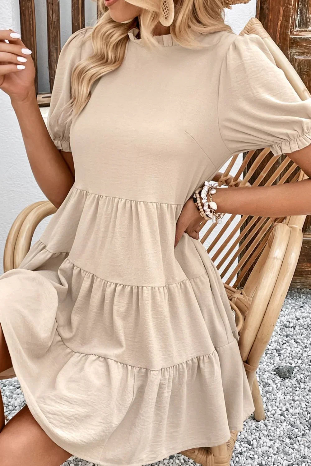 Perfee Puff Sleeve Tie Back Tiered Dress - Southern Shores Clothing
