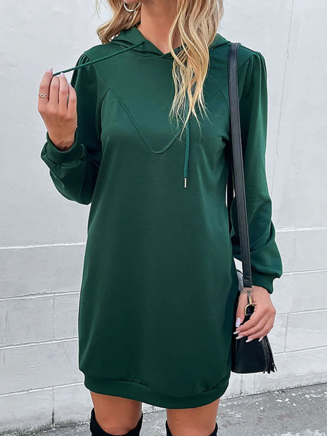 Casual Drawstring Puff Sleeve Hooded Dress - Southern Shores Clothing