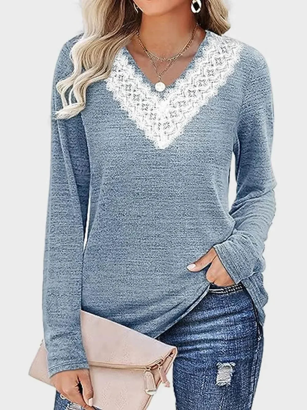 Lace Detail V-Neck Long Sleeve T-Shirt With Soft Stretch - Southern Shores Clothing