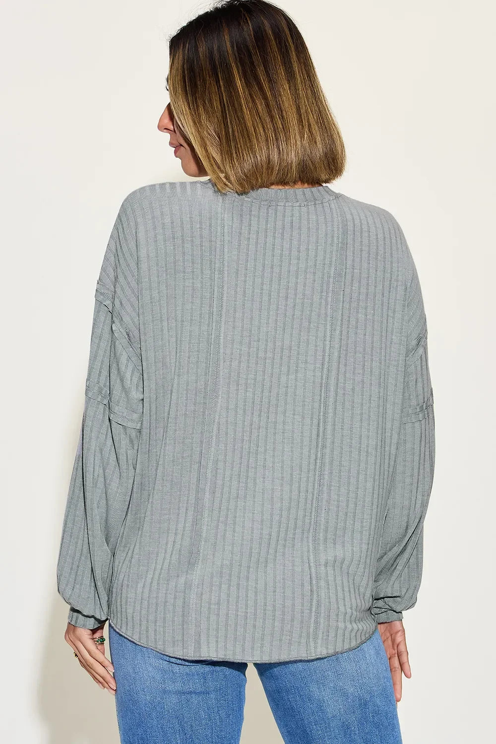 Ribbed Round Neck Long Sleeve T Shirt Basics - Southern Shores Clothing