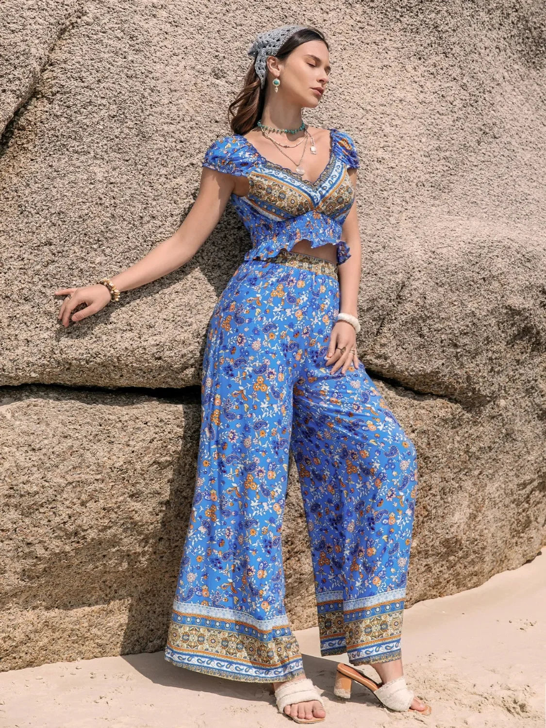 Printed V-Neck Top And Pants Set Floral Print And Ruffle Trim - Southern Shores Clothing
