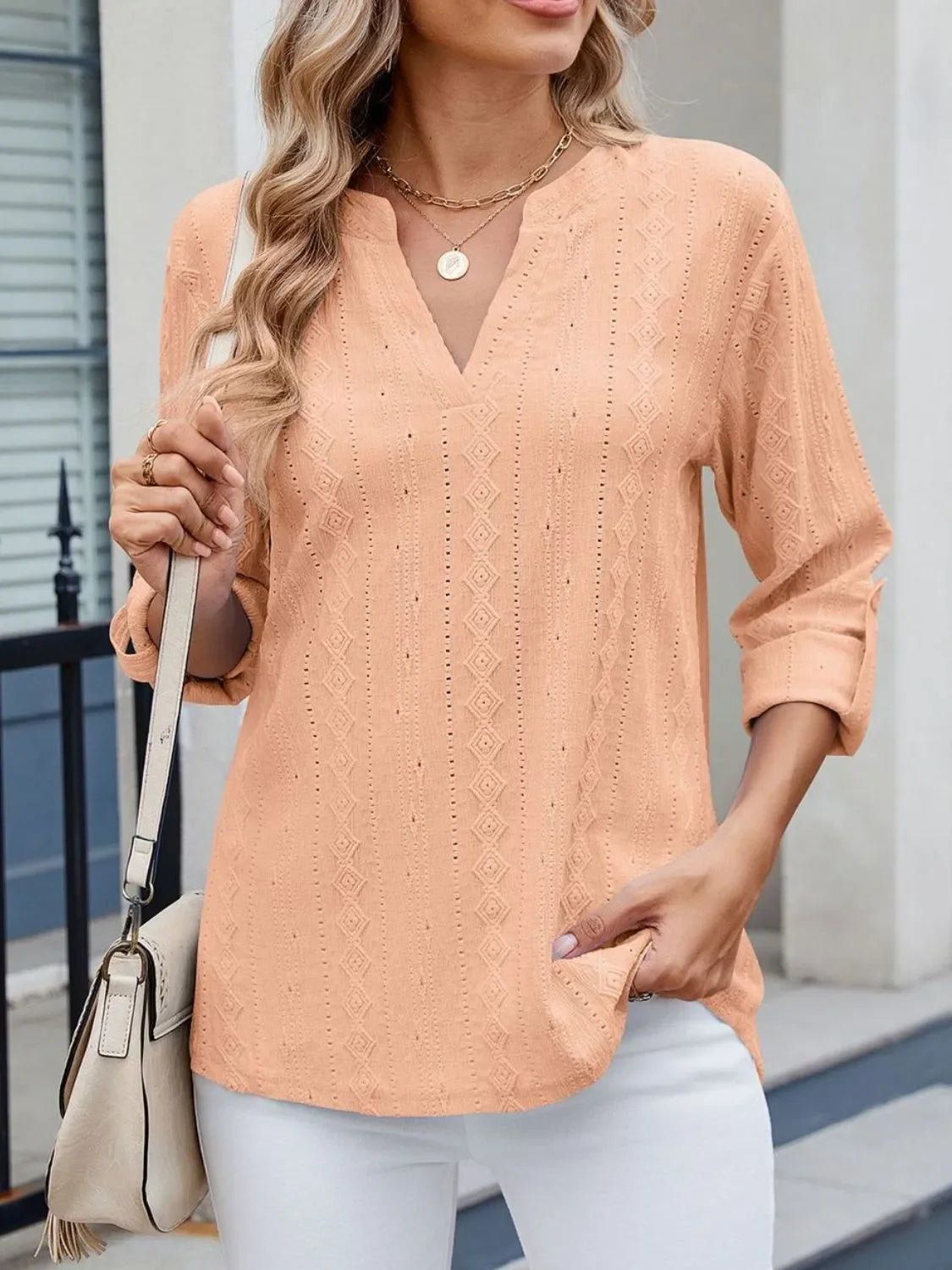 Eyelet Notched Roll-Tab Sleeve Top For Everyday Casual Wear - Southern Shores Clothing