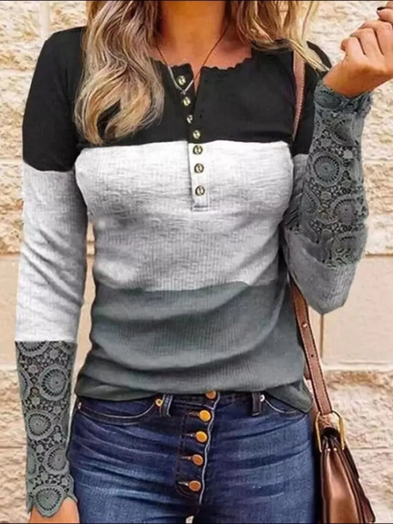 Block Lace Detail Half Button Knit Shirt - Southern Shores Clothing