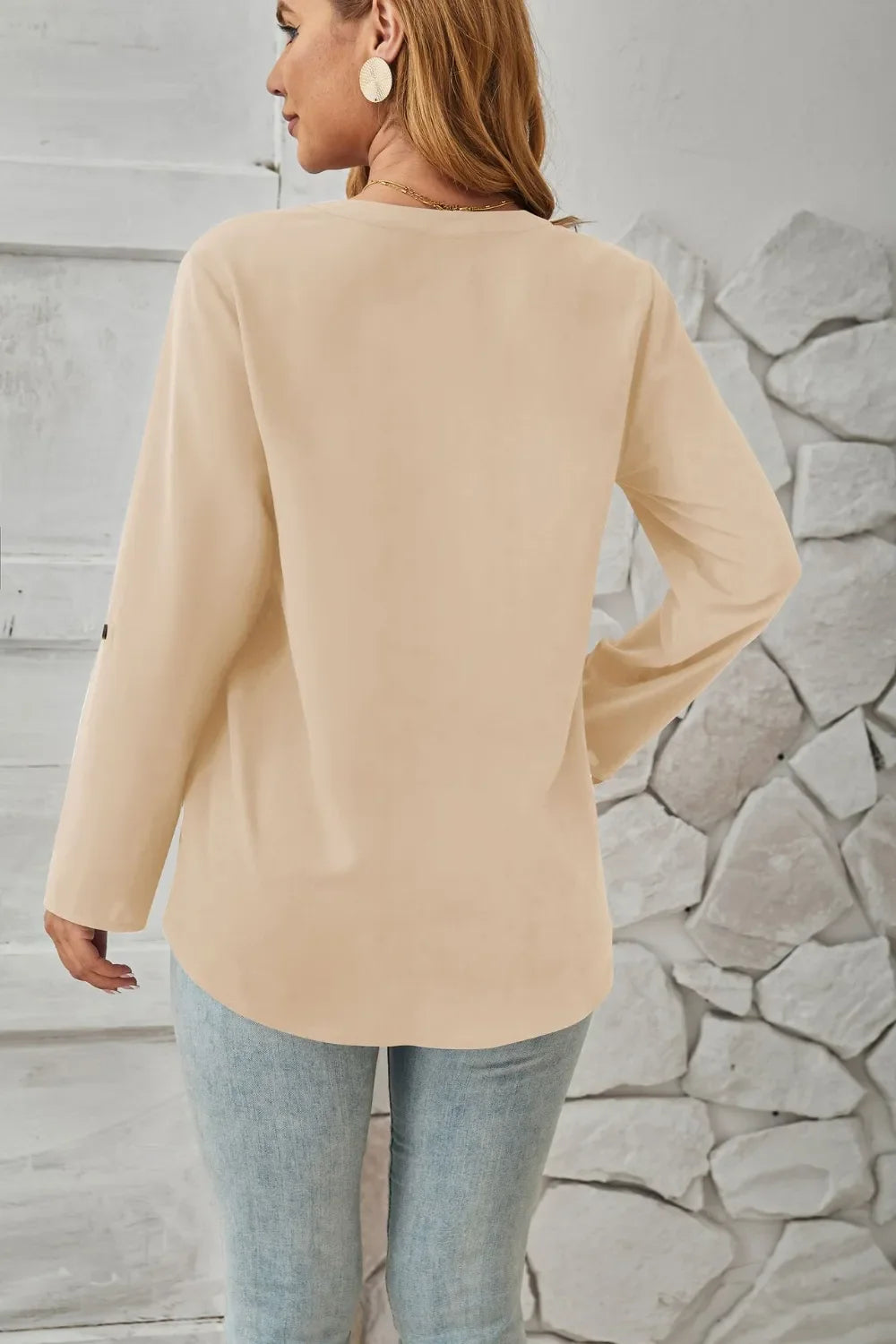 Decorative Button Notched Long Sleeve Blouse - Southern Shores Clothing
