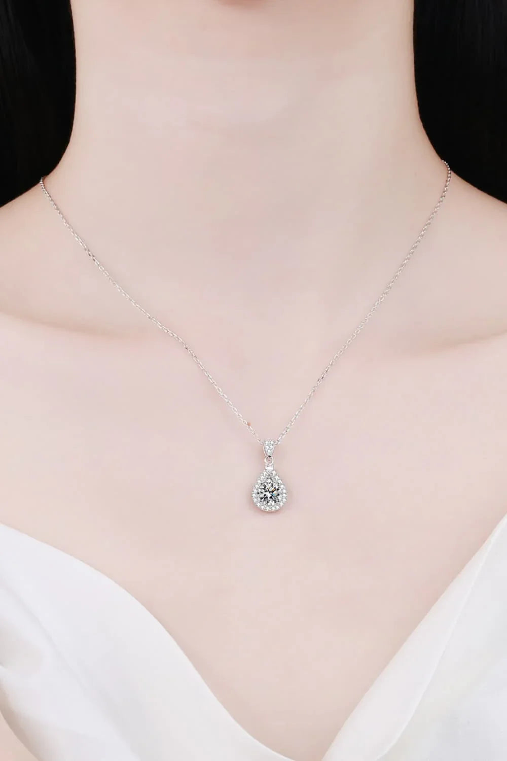 Teardrop Moissanite Halo Necklace In Sterling Silver - Southern Shores Clothing