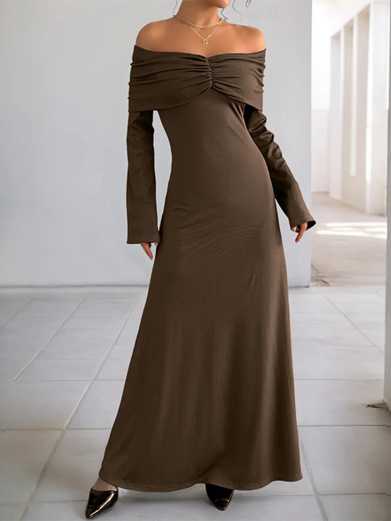 Off-Shoulder Long Sleeve Bodycon Maxi Dress - Southern Shores Clothing