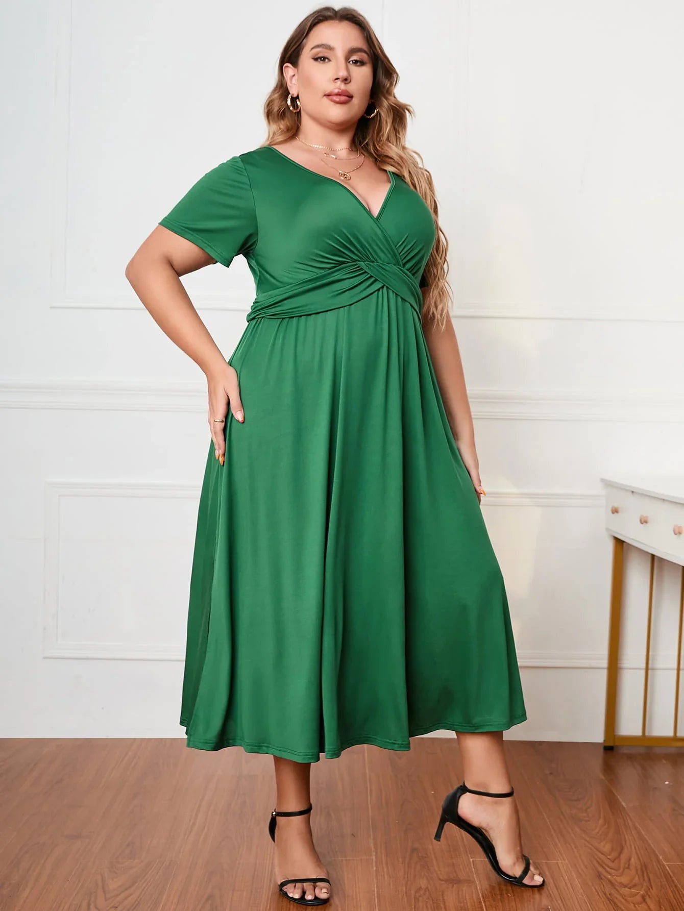 Plus Size Short Sleeve Surplice Neck Midi Dress - Southern Shores Clothing
