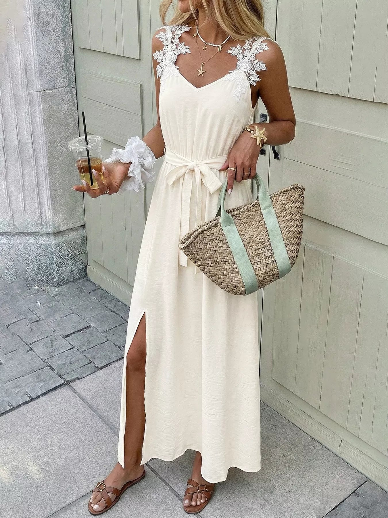 Lace Trimmed Slit Maxi Dress With Tie Detail