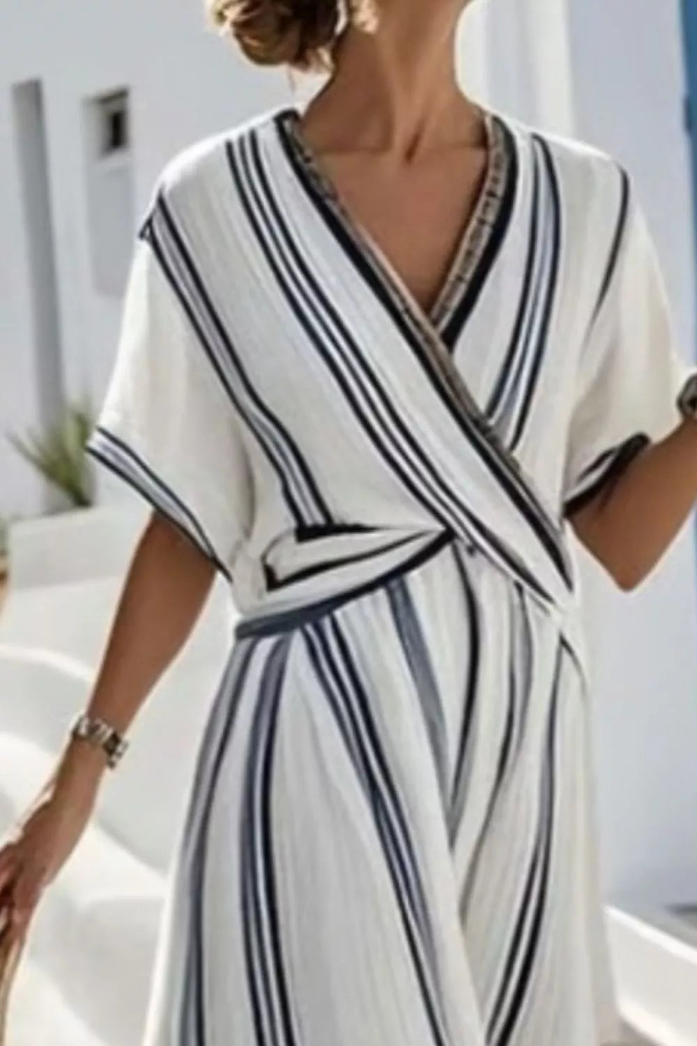 Striped Wrap Maxi Dress With Half Sleeve