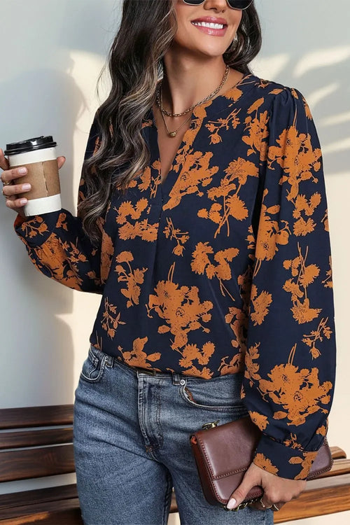 Printed Notched Long Sleeve Polyester Blouse - Southern Shores Clothing