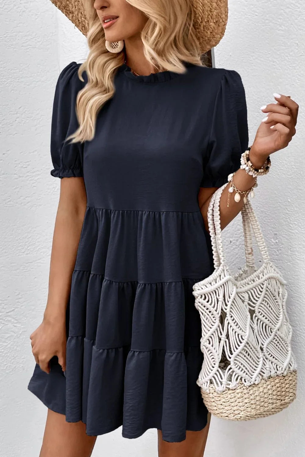 Perfee Puff Sleeve Tie Back Tiered Dress - Southern Shores Clothing