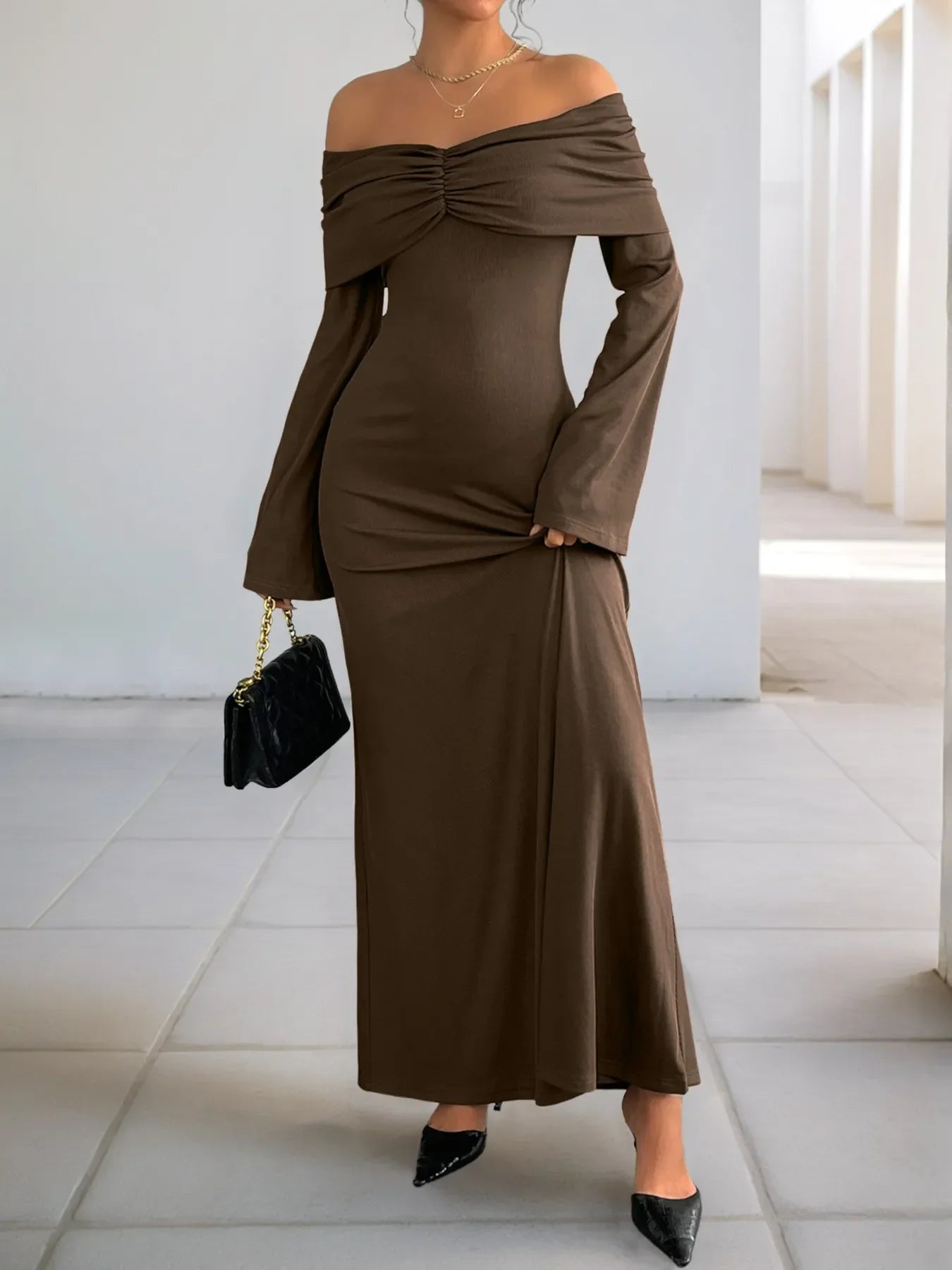 Off-Shoulder Long Sleeve Bodycon Maxi Dress - Southern Shores Clothing