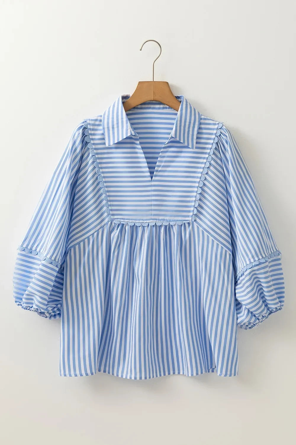 Striped Notched Three Quarter Sleeve Blouse Polyester - Southern Shores Clothing