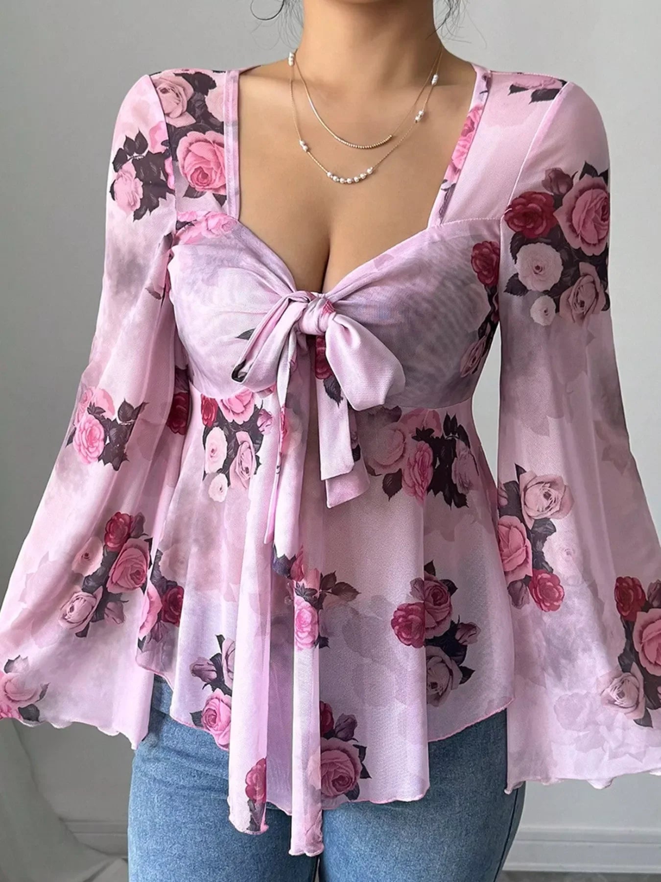 Floral Print Tie Front Flare Sleeve Blouse - Southern Shores Clothing
