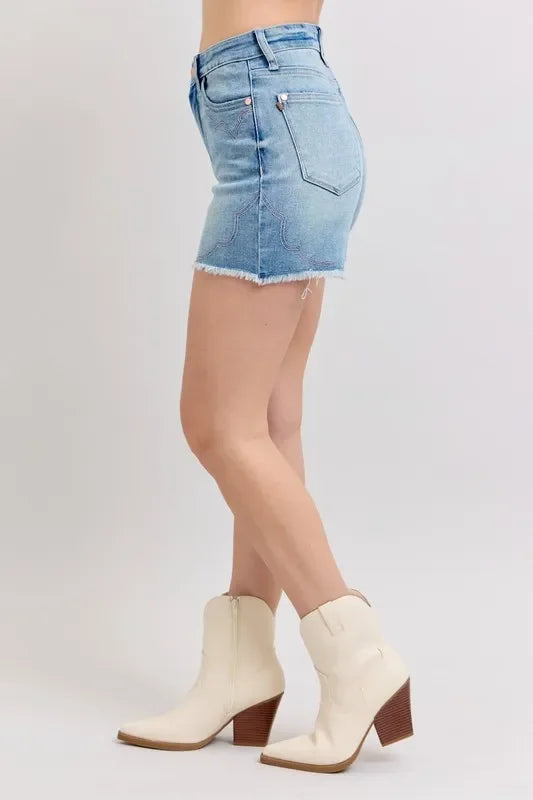 Plus Size High Waist Western Embroidered Cutoff Denim Shorts - Southern Shores Clothing