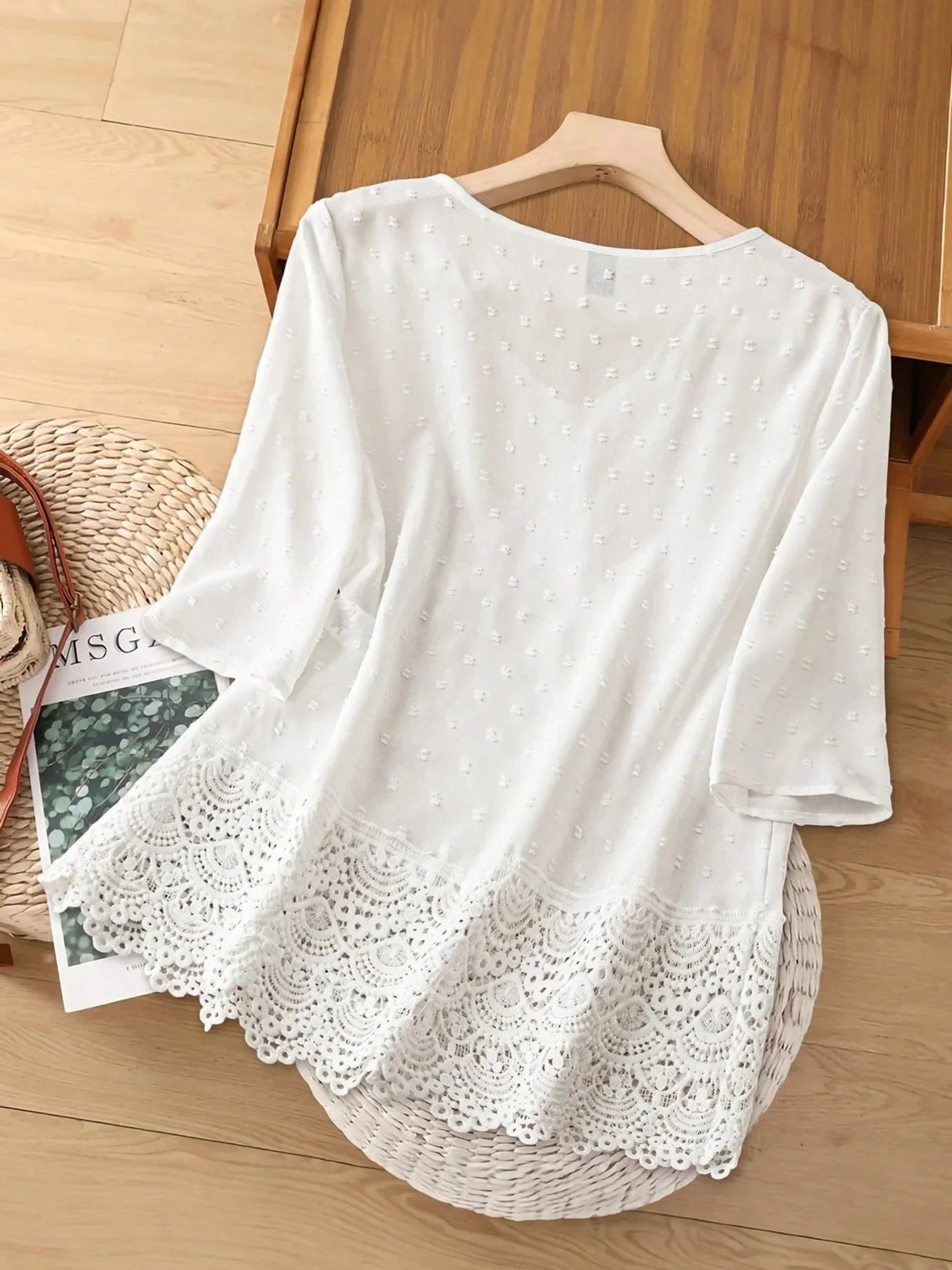 V-Neck Lace Hem Blouse With Decorative Button - Southern Shores Clothing