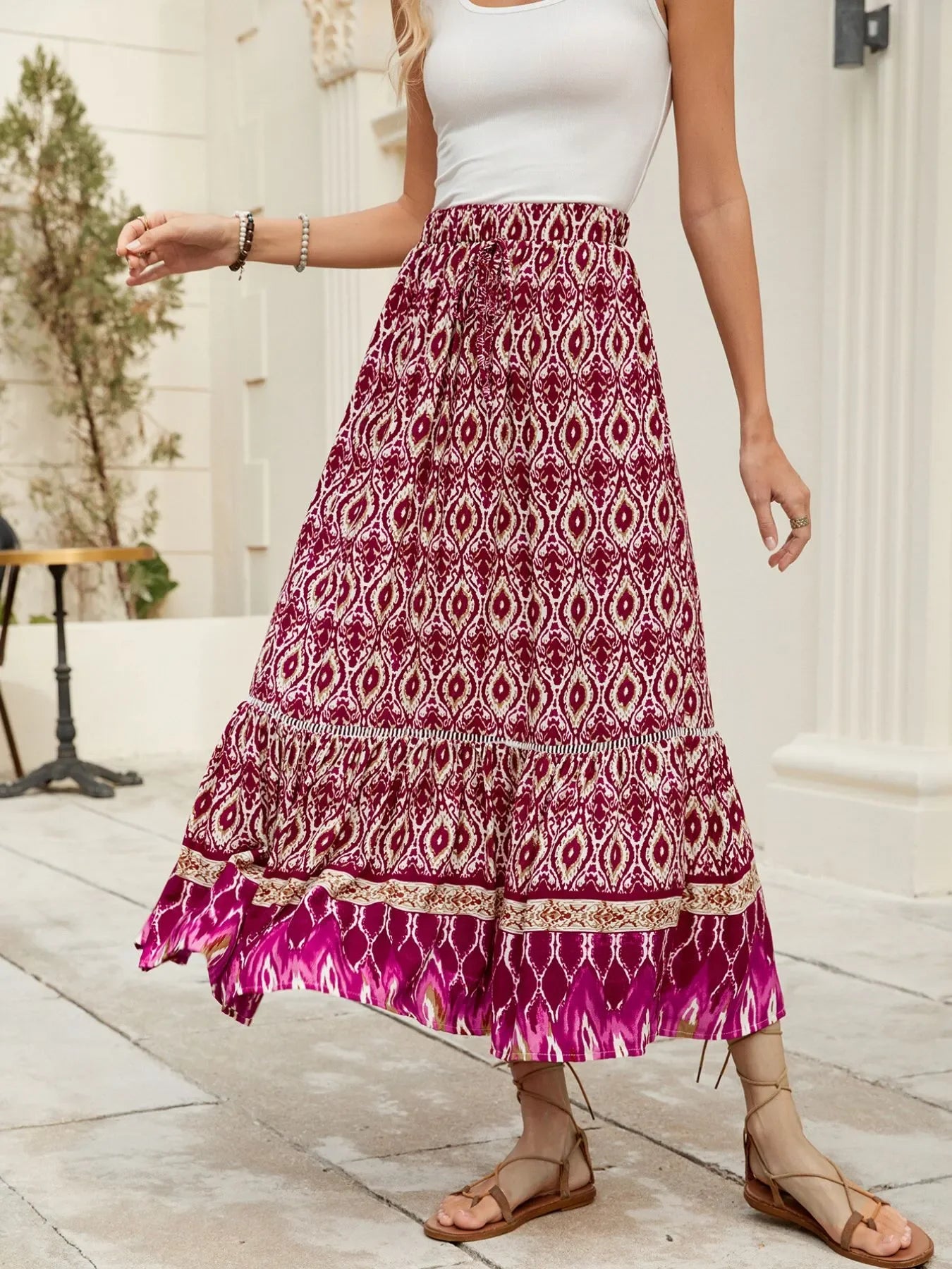 Bohemian Printed Ruched Maxi Skirt Flowing - Southern Shores Clothing