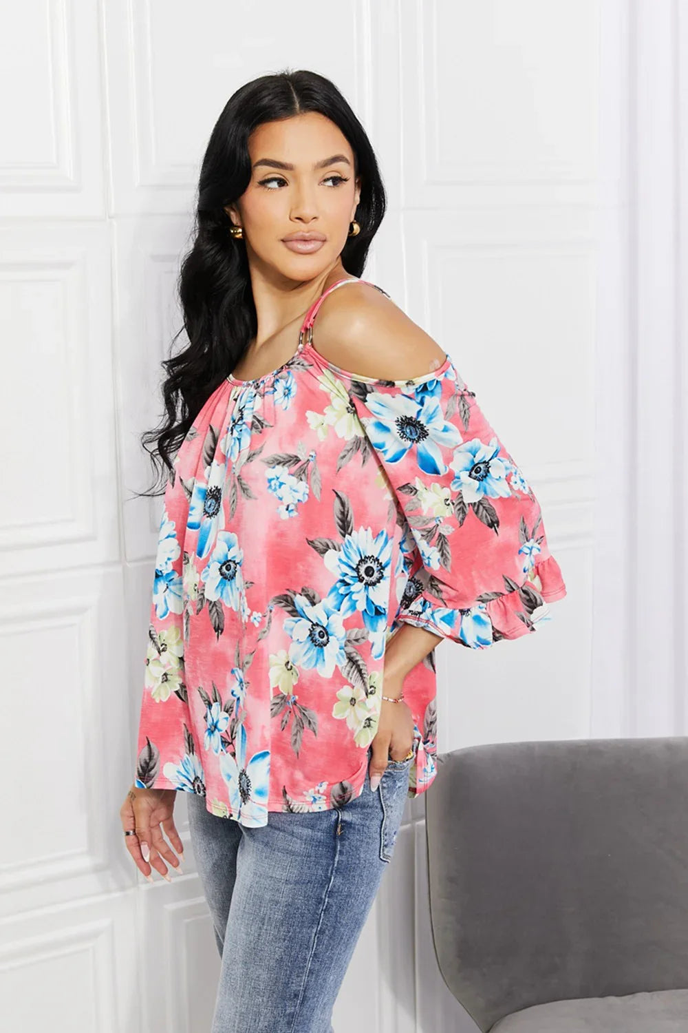 Floral Cold Shoulder Knit Top With Stretch - Southern Shores Clothing
