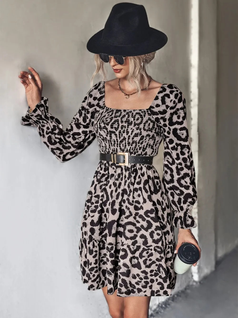 Leopard Smocked Flounce Sleeve Mini Dress - Southern Shores Clothing