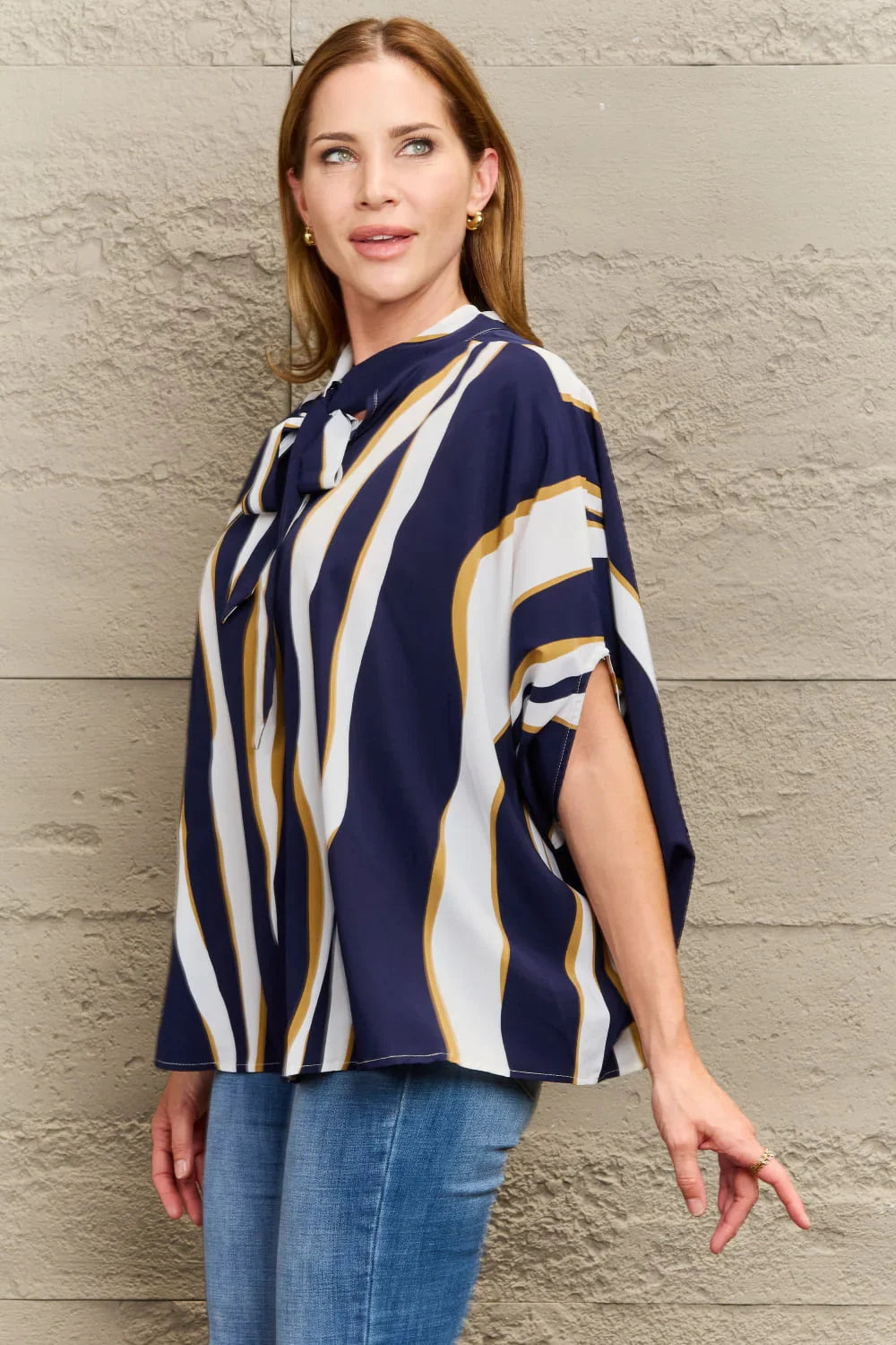 Casual Printed Tie-Neck Blouse With Split Sleeves Regular Length - Southern Shores Clothing