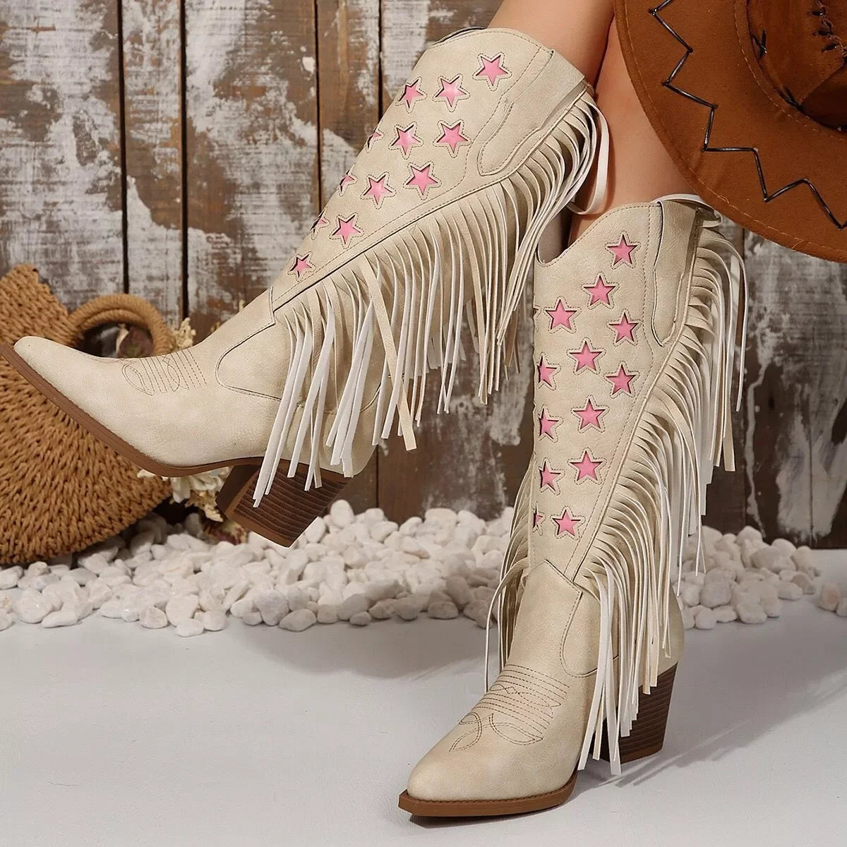 Star Fringe Block Heel Suede Ankle Boots