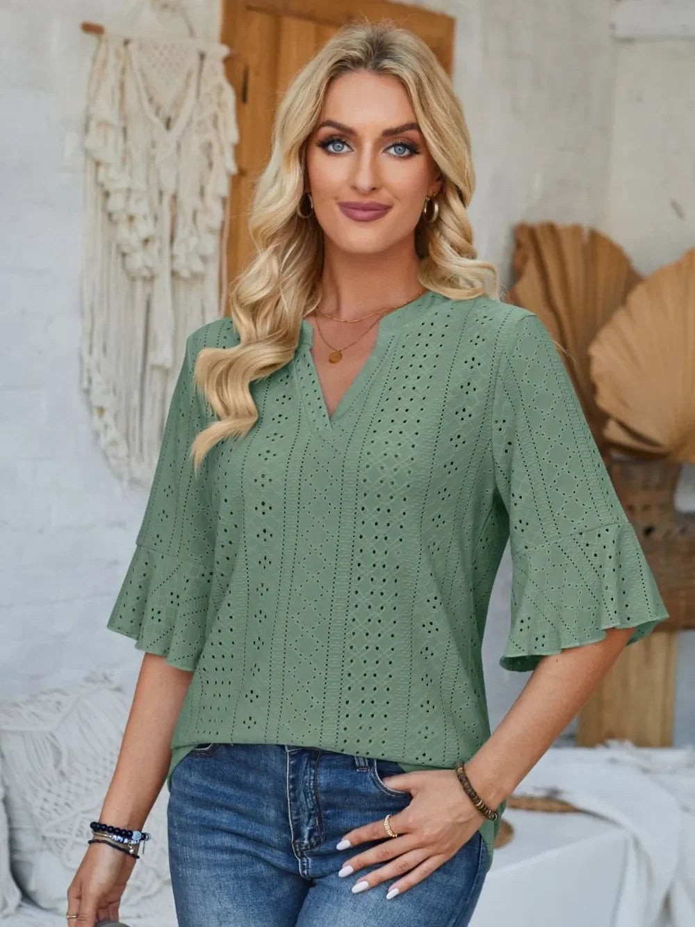 Eyelet Notched Half Sleeve T Shirt With Opaque Design - Southern Shores Clothing