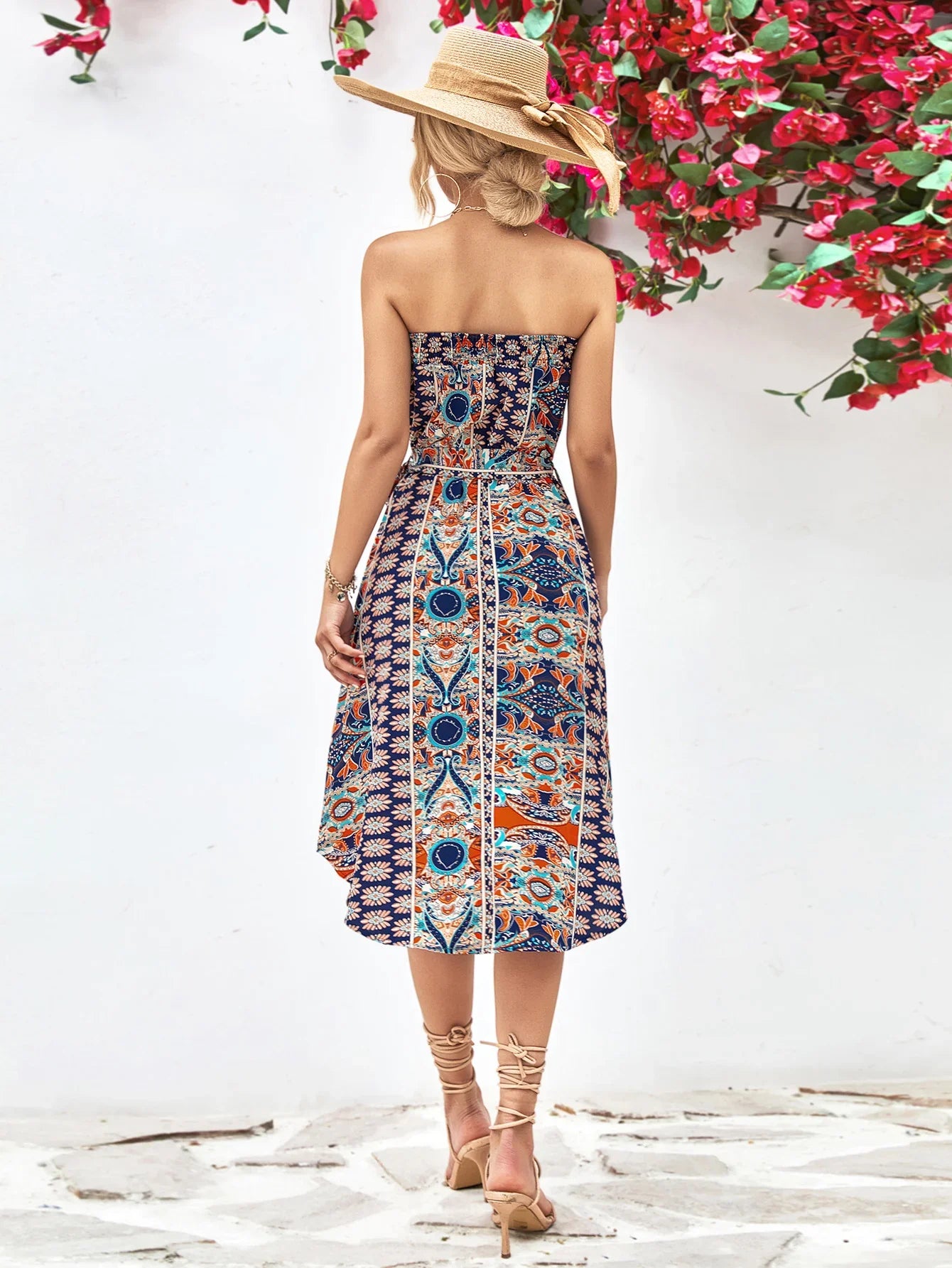 Printed Strapless Tie Belt Dress - Southern Shores Clothing