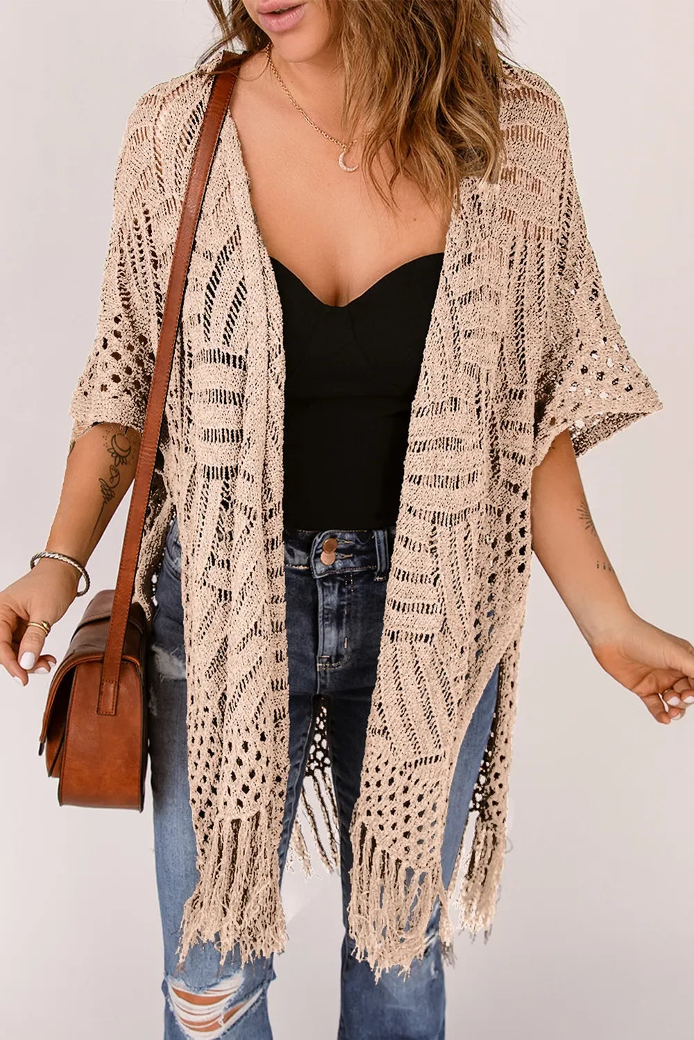 Lightweight Openwork Fringed Cardigan With Open Front - Southern Shores Clothing