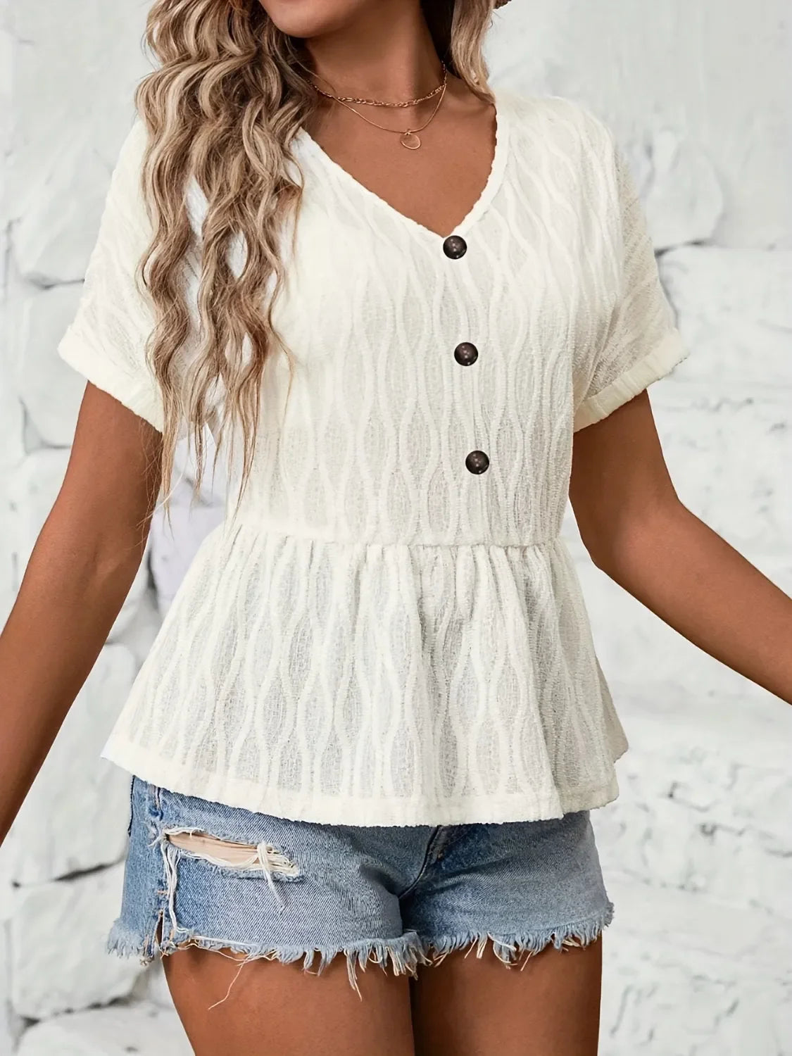 Southern Shores Clothing V-Neck Short Sleeve Polyester Blouse With Decorative Button - Southern Shores Clothing