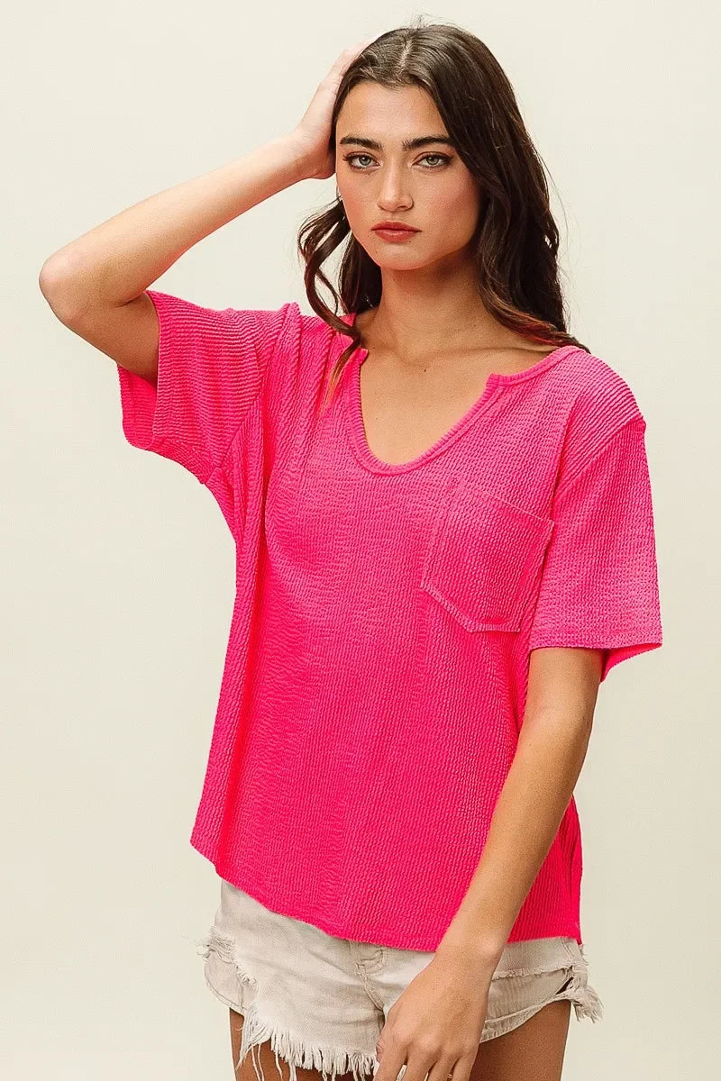 Waved Rib V Neck Top With Front Pocket Relaxed Fit - Southern Shores Clothing
