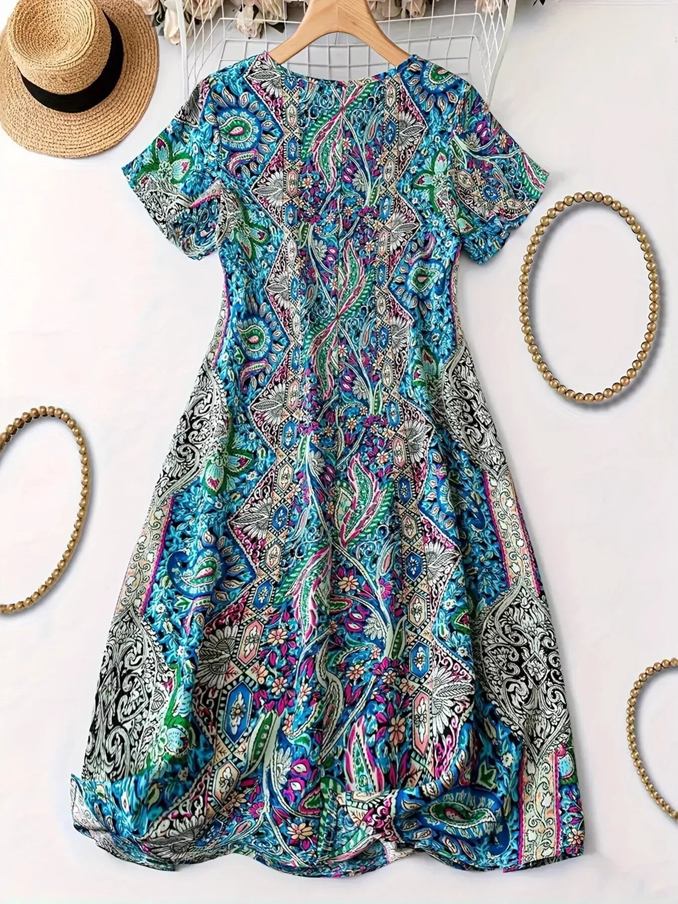 Boho Paisley Print V-Neck Short Sleeve Polyester Dress For Summer - Southern Shores Clothing
