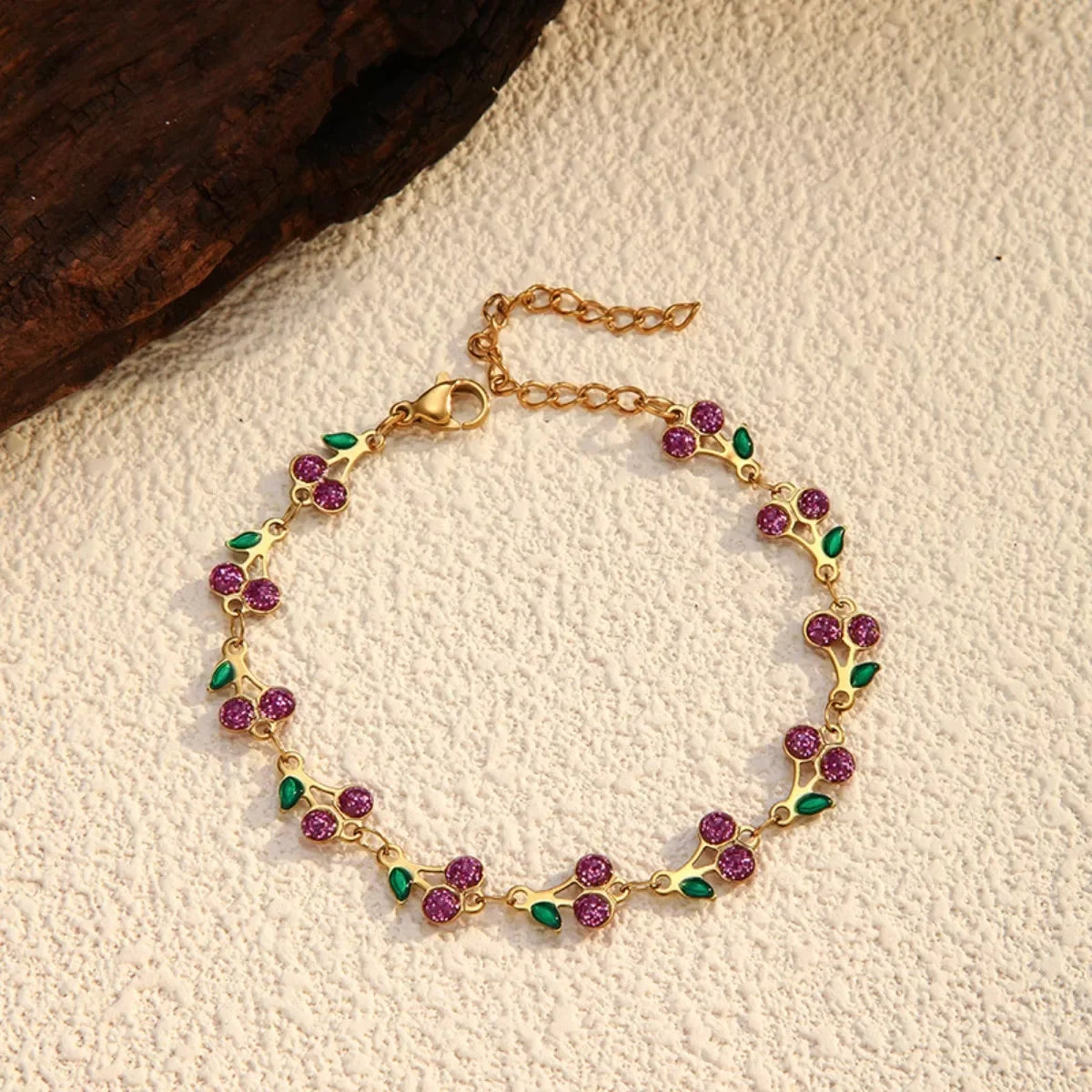 18K Plated Cherry Charm Bracelet With Green Leaves - Southern Shores Clothing