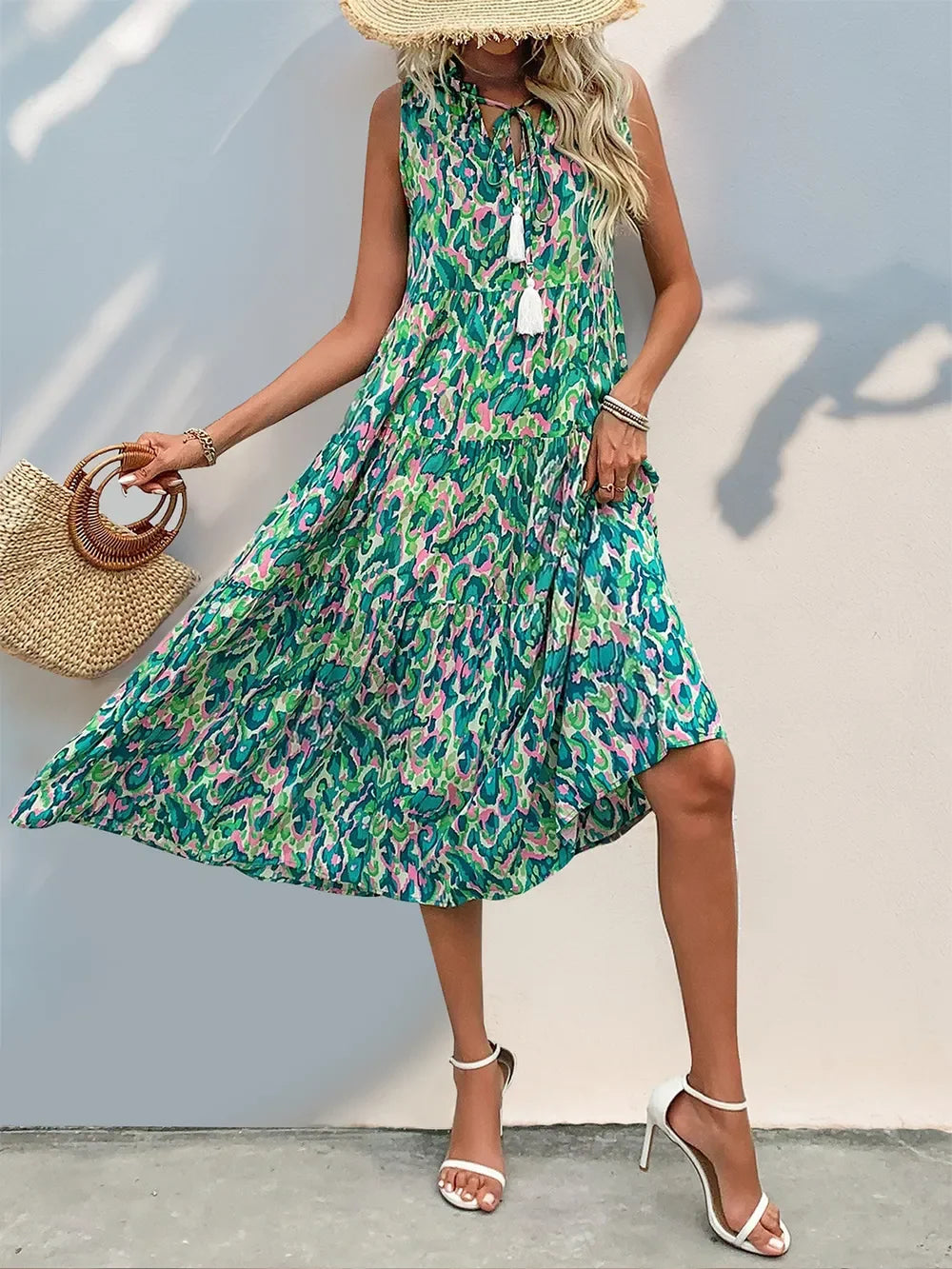 Tassel Printed Tie Neck Sleeveless Dress Viscose Relaxed Fit - Southern Shores Clothing
