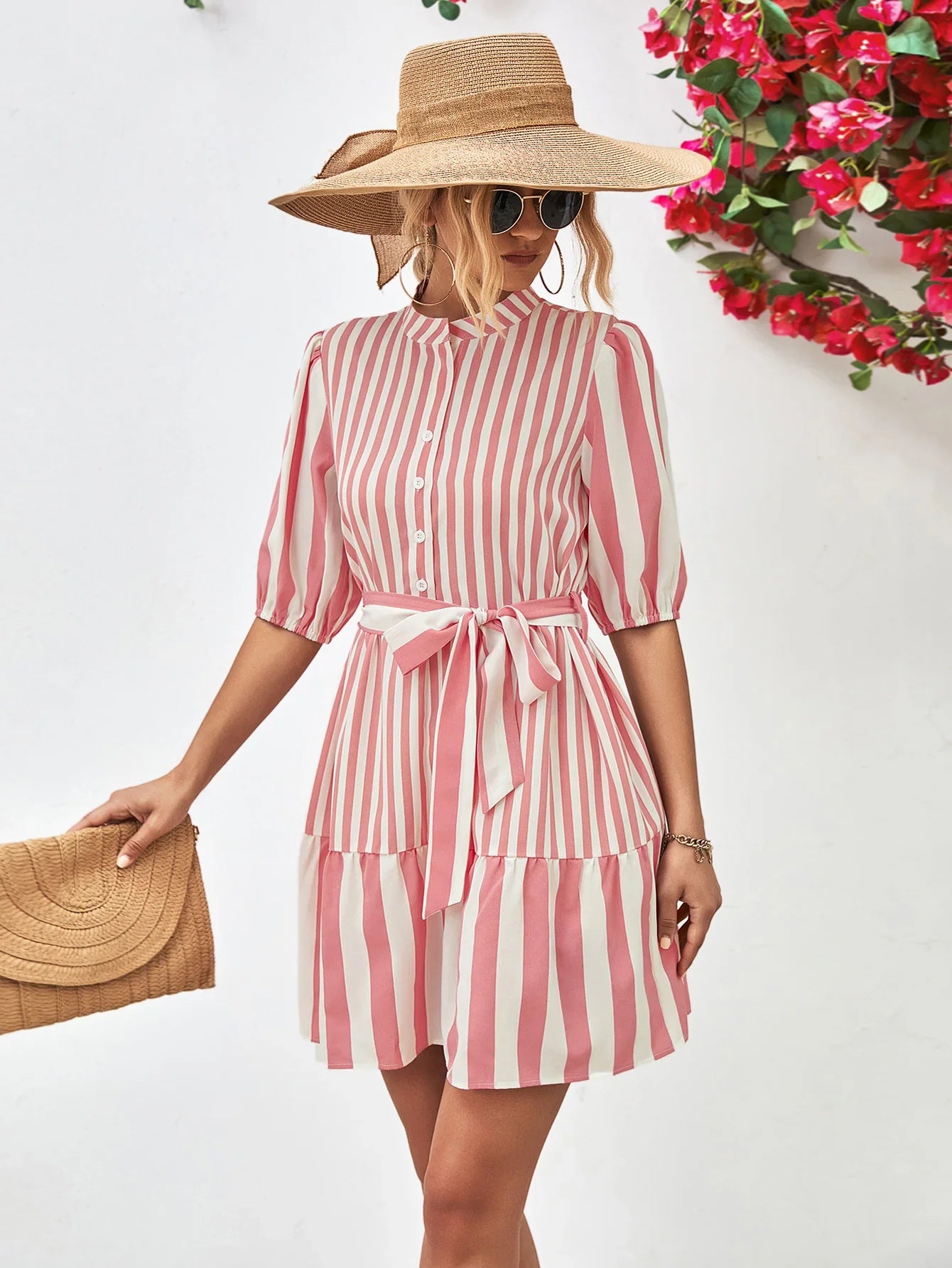Striped Half Sleeve Tie Waist Mini Dress - Southern Shores Clothing