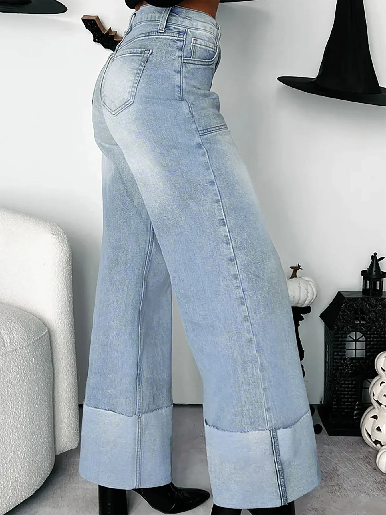 Coastal High Waisted Wide Leg Jeans With Cuffed Hem