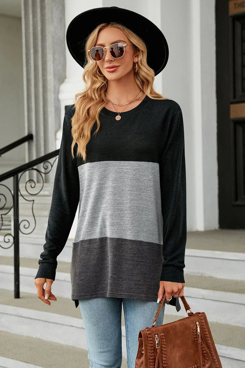Block Pattern Round Neck Long Sleeve Slit T Shirt - Southern Shores Clothing