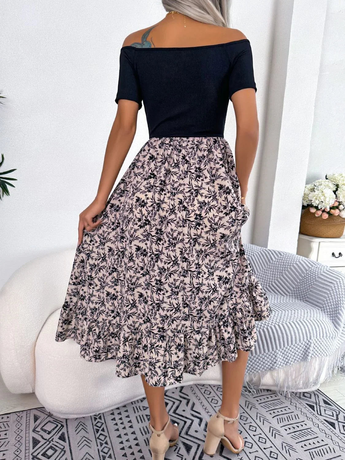 Printed Off-Shoulder Ruffle Hem Dress - Southern Shores Clothing