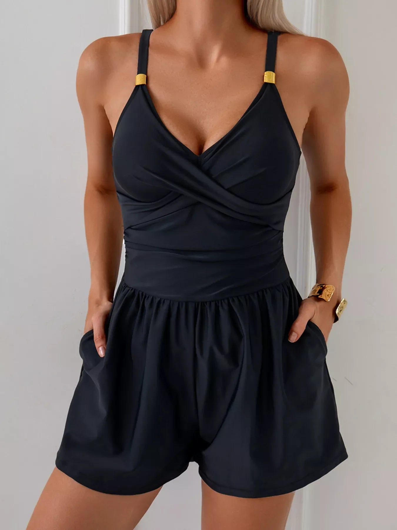 V-Neck Spaghetti Strap One-Piece Swimsuit With Stretch Fabric - Southern Shores Clothing