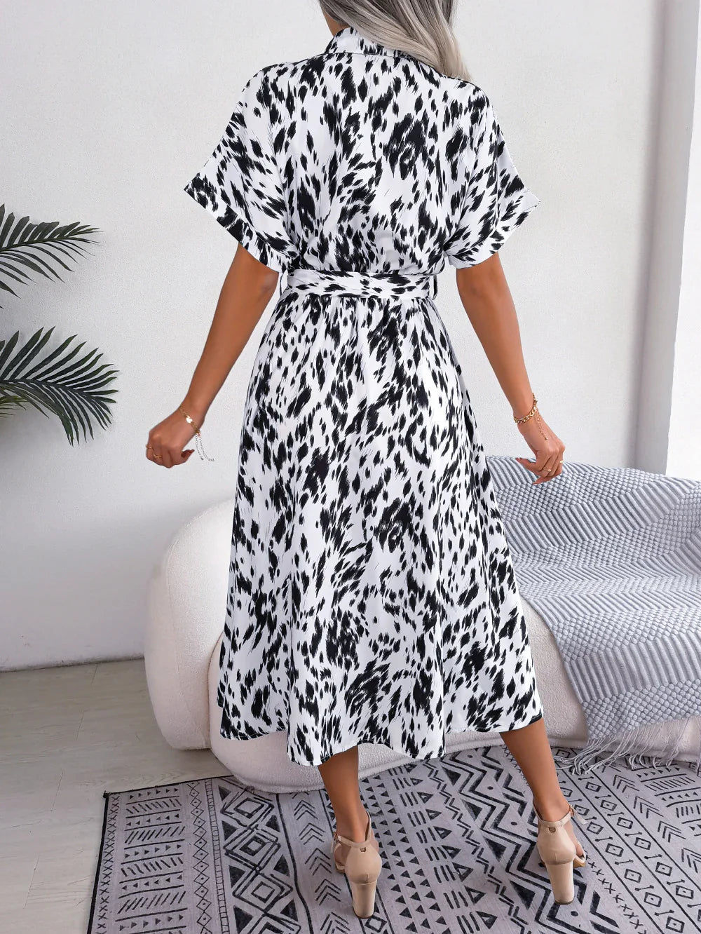 Printed Collared Neck Short Sleeve Tie Waist Dress - Southern Shores Clothing