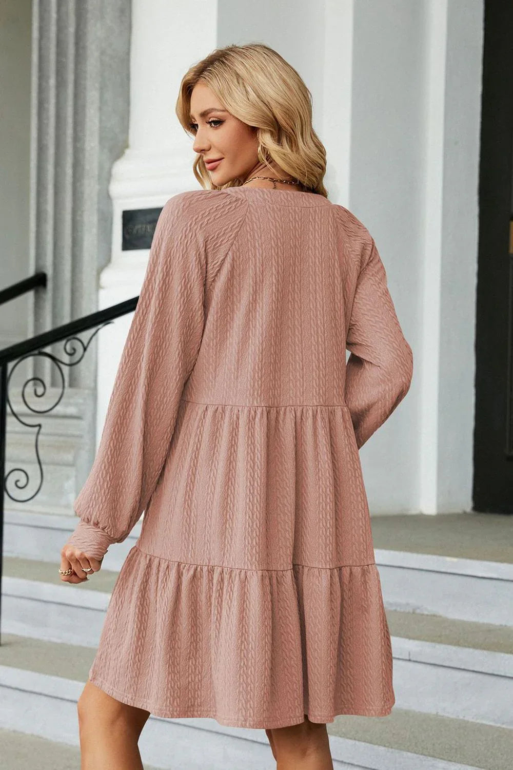 Notched Neck Long Sleeve Mini Dress - Southern Shores Clothing